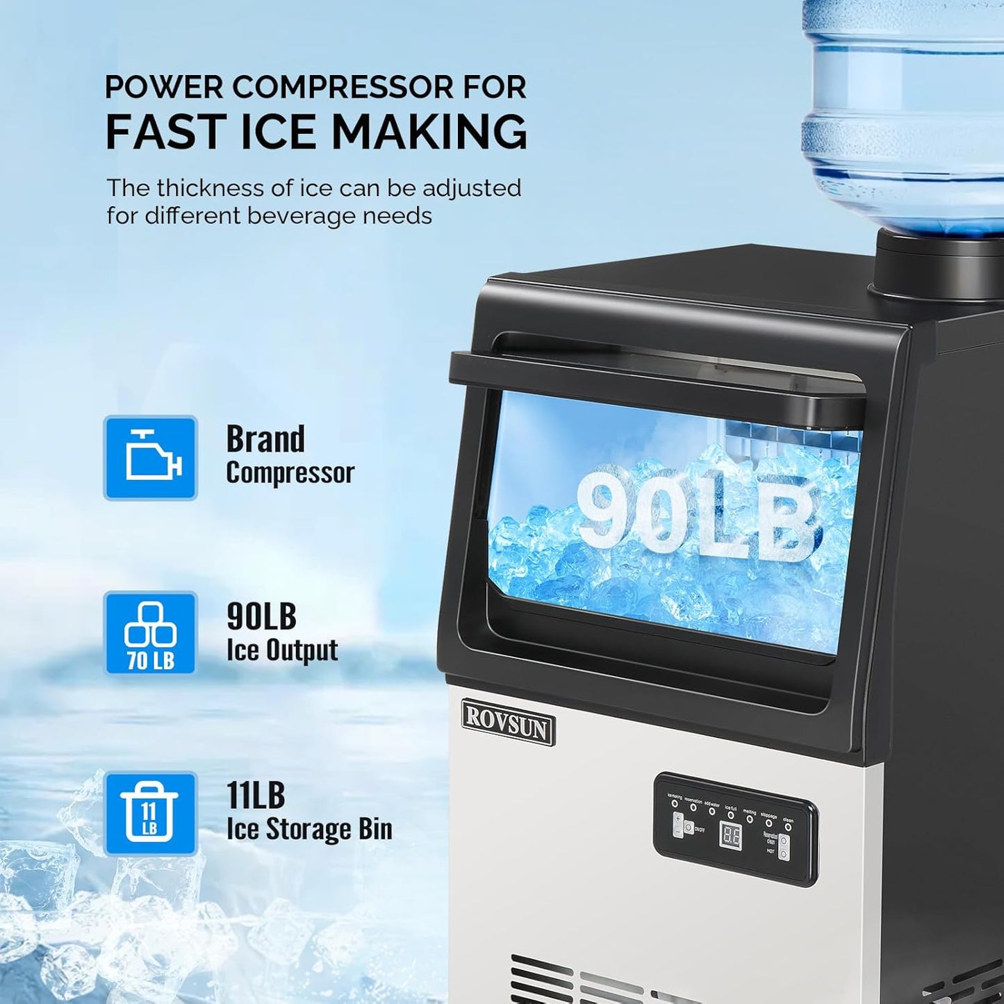 ROVSUN 90LBS/24H Ice Maker Machine with 2 Water Inlets, Freestanding & Countertop Ice Machine with 11lbs Storage Bin, Ice Scoop & Water Filter for Home Office Light Commercial Restaurant Bar Cafe Use