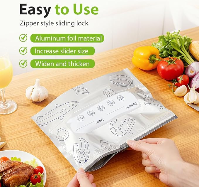 Reusable Aluminum Foil Sealable Storage Bags, 2026 New Resealable Vacuum Zipper Pouches, Stand Up Foil Sealable Bags with Label and Zip Lock for Kitchen (10, Large)