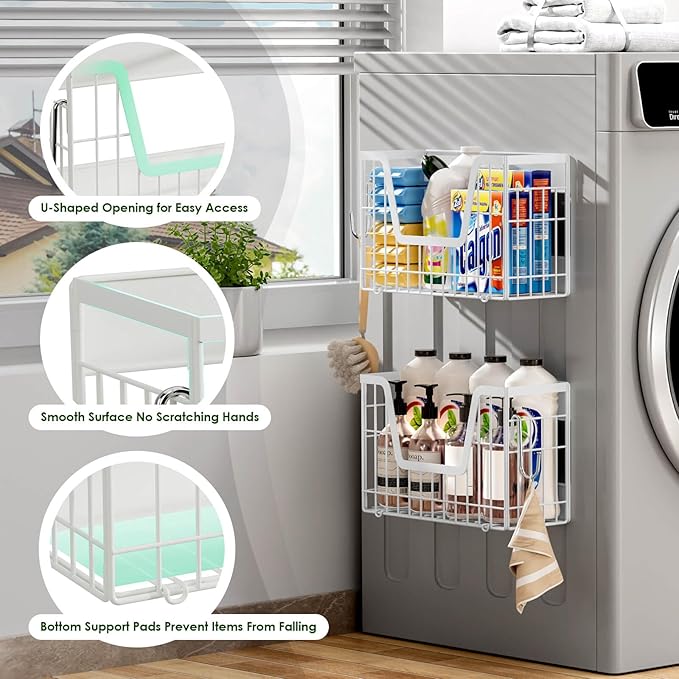 2 Set Magnetic Fridge Shelf, White Magnetic Fruit Basket for Refrigerator Organizer Storage, Potato and Onion Storage Bins, Wire Baskets Magnet Rack for Laundry Washing Machine Kitchen Shelves