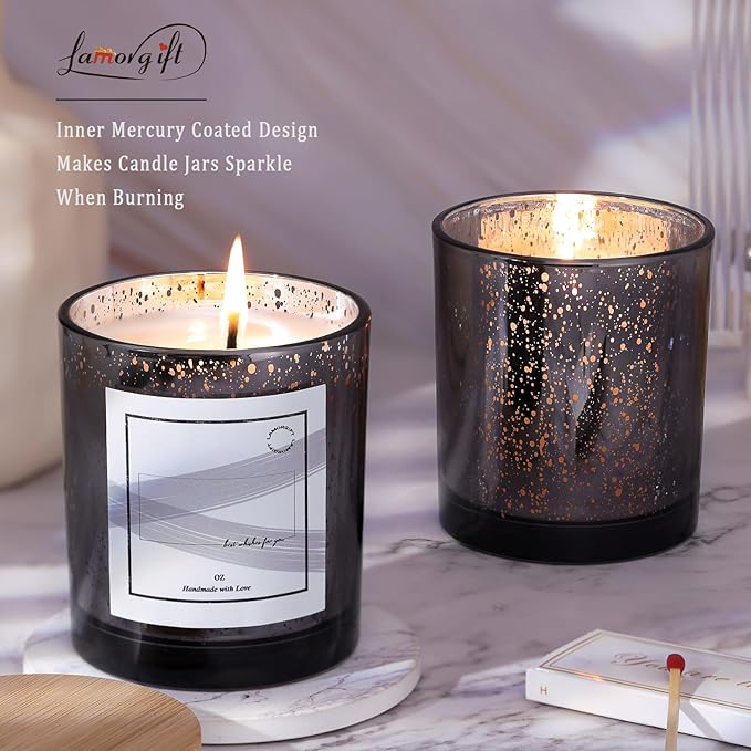LAMORGIFT 10oz Dark Gray Glass Candle Jars With Lids (12 Pack) - Making Containers Include 15 Pcs Labels - Mercury Glass Jars