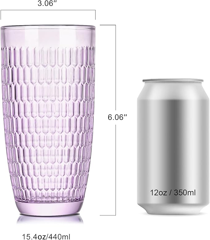 CREATIVELAND Highball Beverage Glasses Set of 6 Romantic Colored Thick & Heavy Base Big Capacity 14.87oz|440ml, Drinking Glass Tumblers for Iced Tea, Water, Soda & Juice and Cocktails (Purple)