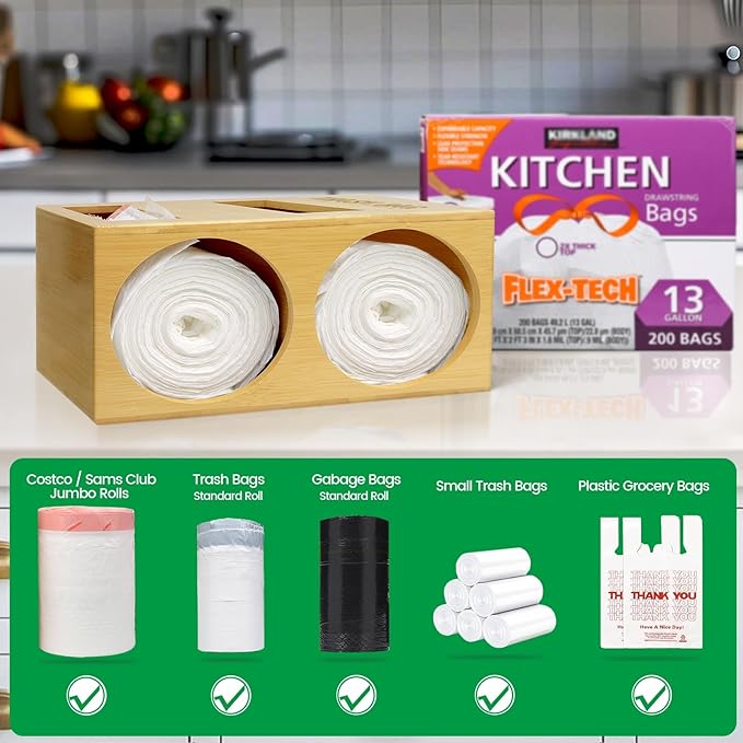 Extra Large Bamboo 2-in-1 Trash Bag Dispenser & Roll Holder – Fits Costco Kirkland & Members Mark Jumbo Rolls, Wall/Under-Sink/Cabinet Mountable, Dual-Slot Storage for 2 Rolls