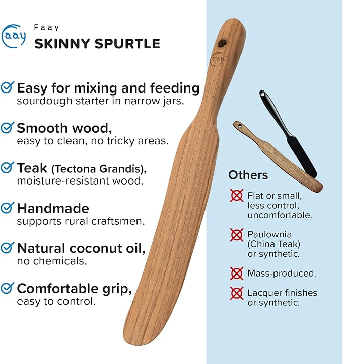 FAAY Handmade Teak Spurtle for Sourdough Starter – Wooden Stirring Stick & Mixing Tool for Deep Jars | Nonstick-Safe, Finished with Coconut Cooking Oil, Crafted in Thailand