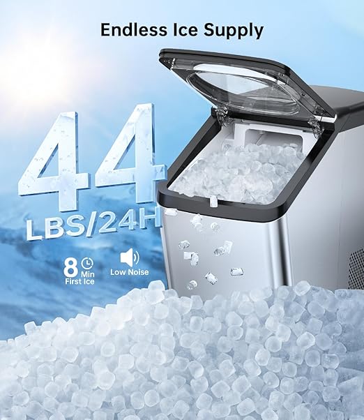 WIE Nugget Ice Maker Countertop, 44 lbs in 24 Hours, Pellet Ice Maker Machine with Self-Cleaning, 0.75 Gallon Tank & Scoop Included, Crushed Pebble Ice Makers for Home/Office/Bar/Party, Silver