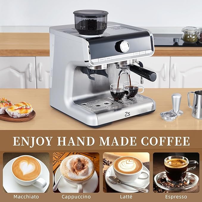 GarveeHome Espresso Machine With Grinder, 20 Bar Semi-Automatic Espresso Coffee Maker With Milk Frother Steamer Wand Cappuccino Latte Macchiato, 95 oz Water Tank, PID Temperature Control, Silver2