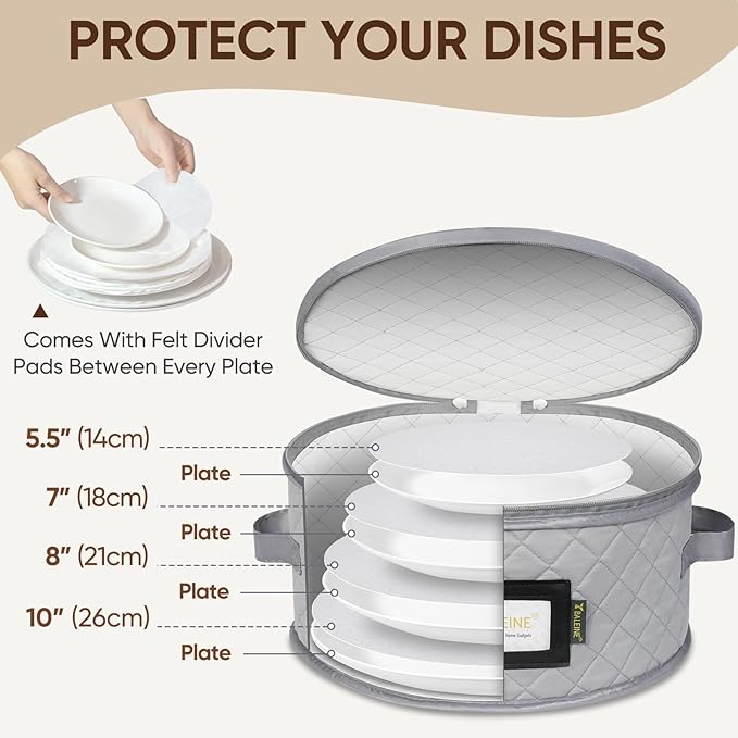 BALEINE China Storage Containers, Sturdy Quilted Wine Glass Storage, Plate Organizer with Carry Handles, Moving Boxes for Dishes, Cups, Mugs and Stemware (Plate Set, Soft Shell Grey)
