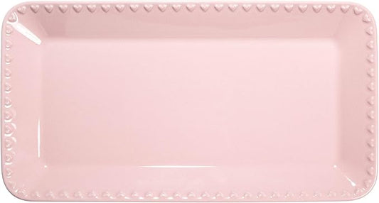 Paris Hilton Rectangle Ceramic Stoneware Serving Platter Tray, Embossed Hearts, Microwave Safe, 15x8-Inch, Pink