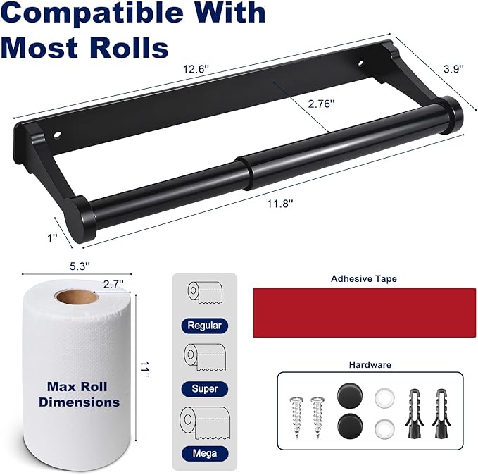 Black Paper Towel Holder Under Cabinet, Adhesive Paper Towel Holder Wall Mount Toilet Roll Holders Rack for Kitchen Bathroom Garage Counter, Anti-Drop Upgraded Telescopic Rod Design Roll