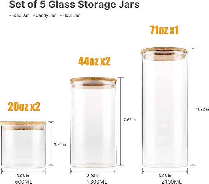YUNCANG Glass Storage Jars [Set of 5],Clear Glass Food Storage Containers with Airtight Bamboo Lid Stackable Kitchen Canisters for Candy,Cookie,Rice,Sugar,Flour,Pasta,Nuts and Spice Jars(Square)