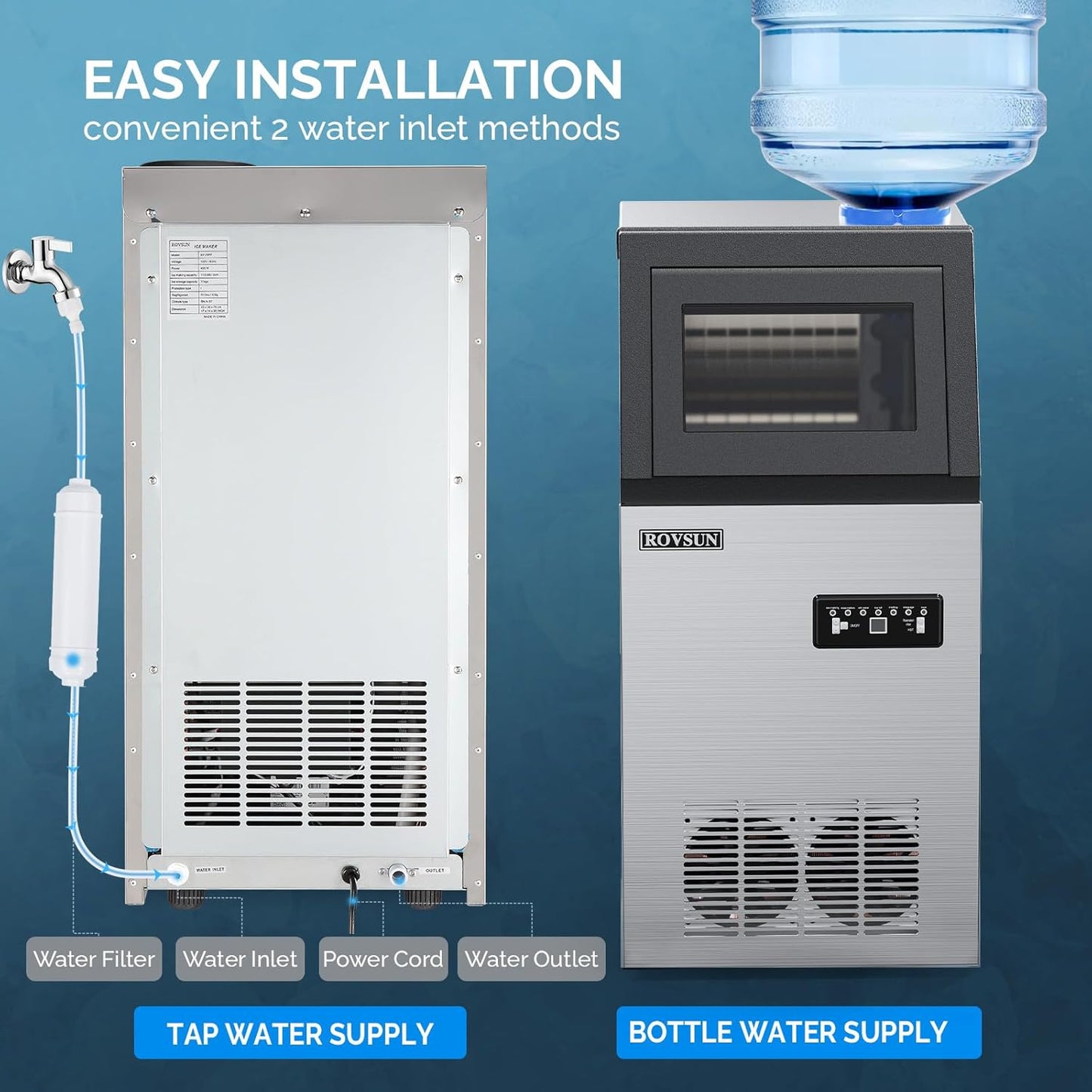 ROVSUN Commercial Ice Maker Machine 110LBS/24H with 2 Water Inlets, Freestanding Ice Machine with 24lbs Storage Bin, Ice Scoop & Water Filter for Home Office Restaurant Bar Cafe