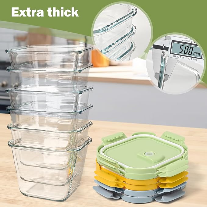 Glass Soup Containers with Lids 32oz - Borosilicate Glass Storage Containers 4 Cup, Freezer to Microwave Safe, Airtight Leak Proof, Square Meal Prep Containers for Lunch Travel- 6 Pack