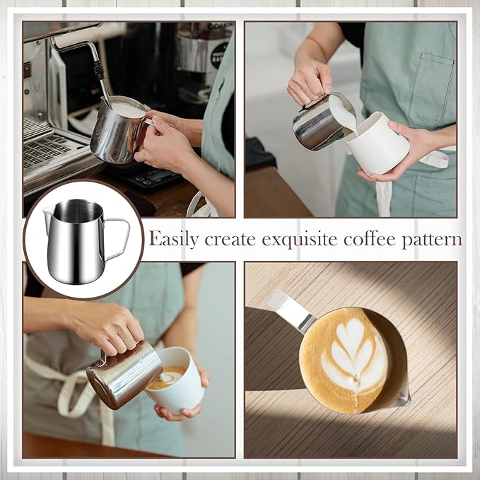 Dandat 8 Pcs Milk Frothing Pitcher Espresso Steaming Pitchers 12 Oz Stainless Steel Milk Steamer Cup Frother Jug for Espresso, Latte Art, Chai Cappuccino Hot Chocolate