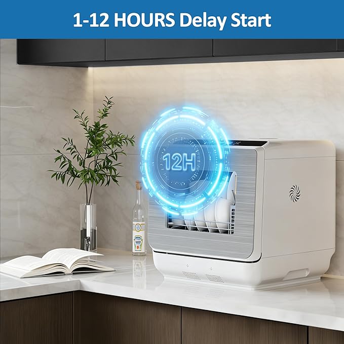 18" Compact Countertop Dishwasher with 6 Modes, Energy Star Portable Dishwasher with Dual Water Supply, 12H Delay Start, Dish Washer with Visible Door, Ideal for Small Homes, Dorms & RV