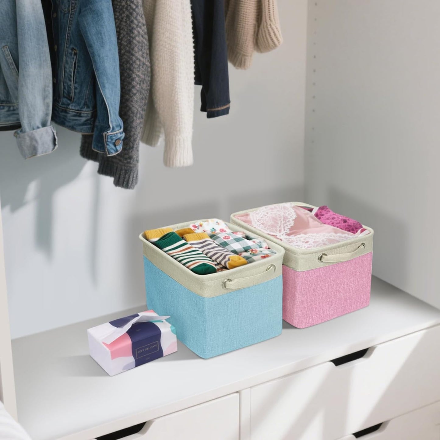 BALEINE 3 Pack Fabric Storage Bins for Shelves, Linen Storage Baskets for Organizing, Decorative Closet Bins for Clothes, Home (Skyblue, 12"x8"x8")