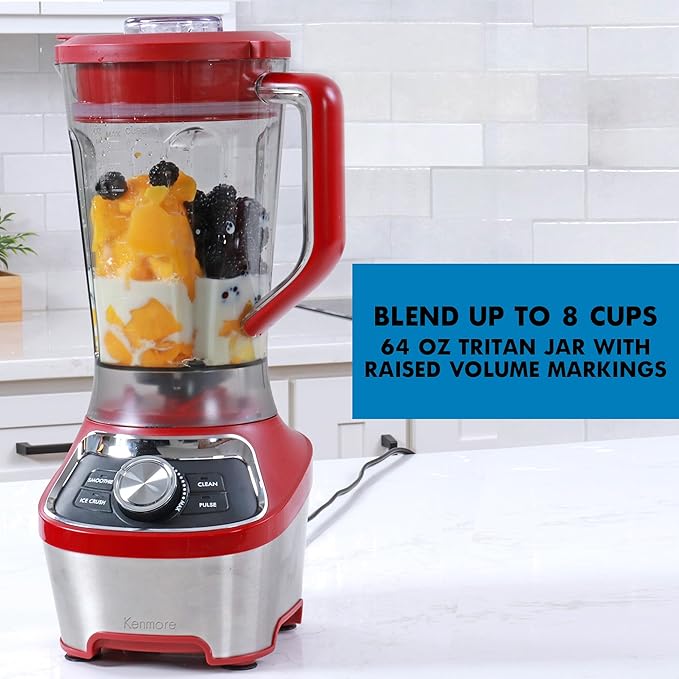 Kenmore Countertop Blender – Electric Mixer for Smoothies, Ice Crush & Pulse Function, Heavy Duty Tritan plastic Pitcher licuadora With 6 Speed, Kitchen Appliance, Dishwasher-Safe Jar, Red