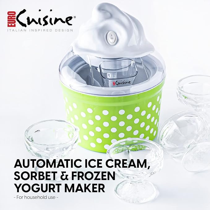 Euro Cuisine Ice Cream, Sorbet & Frozen Yogurt Maker, Homemade Gelato & Soft Serve Kids Ice Cream Maker Machine with 4 Glass Cups - Double-Insulated Freezer Bowl, Mixing Paddle, Lid - 1.5 Quart