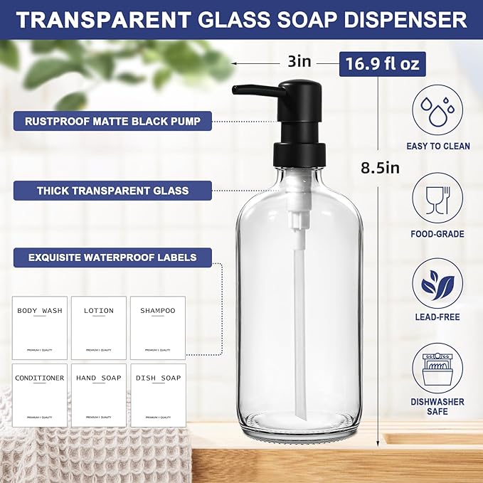 Dish Soap Dispenser for Kitchen, 16.9 fl oz Clear Hand and Dish Soap Dispensers, Kitchen Soap Dispenser Set with Sponge Holder, Brush Holder and Loofah Sponge, Countertop Sink Organizer Accessories