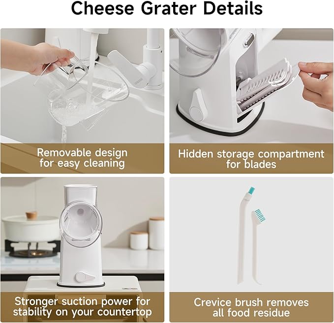 Rotary Cheese Grater Hand Crank, 5 in 1 Mandoline Vegetable Slicer - 5 Sets of Blades,Strong Suction Base&Easy to Clean - Kitchen Cheese Grater Shredder with Handle for Fruit,Vegetable,Nuts