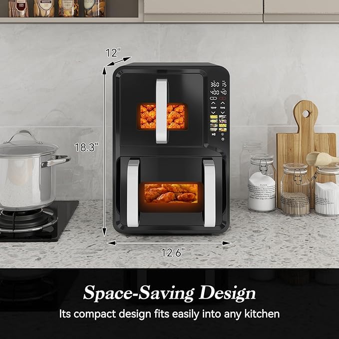 12QT Dual Basket Air Fryer, Vertical Double Stack XL 2-Basket, Feeds Up to 10 People, 8-in-1 Presets with Digital Touchscreen to Free DIY, Compact Design, Easy to Clean, Black