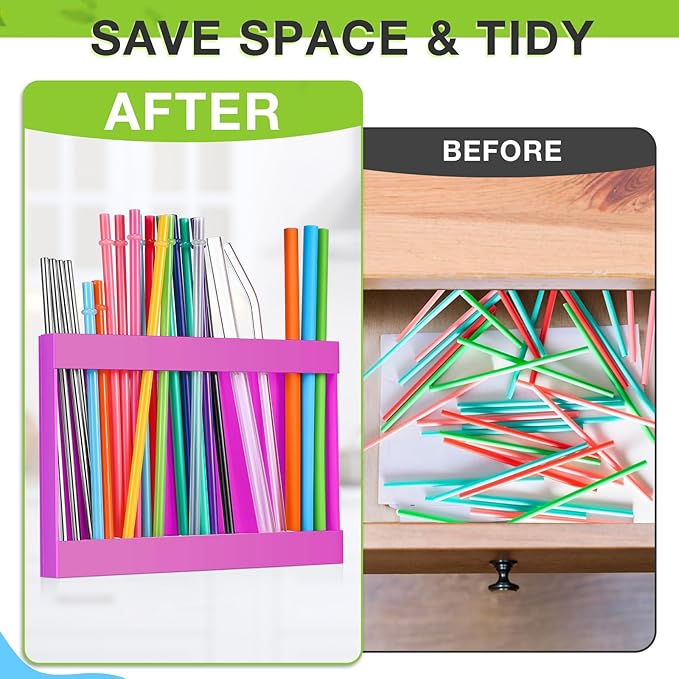 Qinyoung Acrylic Straw Holder for Cabinet Door with Double Sided Adhesive Tape Reusable Straw Organizer Tumbler Storage Kitchen Accessories Container for Counter Cupboard(Classic,Large,Hot Pink)