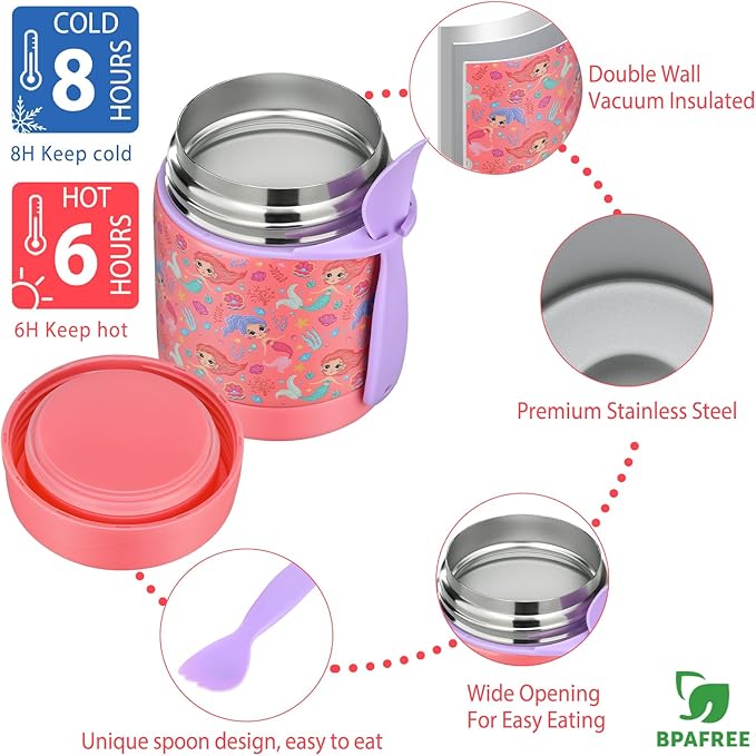 Bento Lunch Box Set for Kids with 10oz Soup Thermo, Leak-Proof Lunch Containers with 4 Compartment, Kids Thermo Hot Food Jar and Insulated Lunch Bag for Kid to School,BPA-Free(Mermaid)