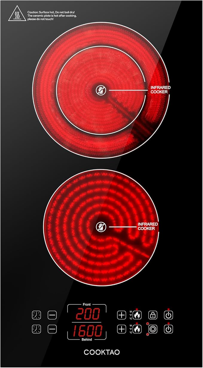 Dual Heating Coil Design of 2 Burner Electric Cooktop, 1800W Commercial Ceramic Infrared Cooking Hot Plate, Portable Countertop or Built-in Radiant Stove Top Cooker with WATT and TEMP Control