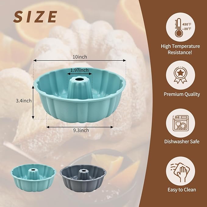 PADELE 2 Pack Silicone Cake Pan Nonstick,10 Inch, Silicone Cake Molds,Pound Cake Pan, Baking for Jello,Gelatin,Cake,Brownie and Bread (Grey+Blue)