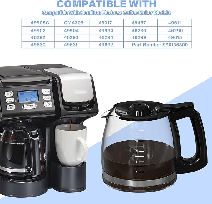 12 Cup Coffee Maker Carafe Replacement Pot Compatible with Hamilton Beach Flexbrew Models: 49902, 49915, 49905C, CM4309, 49317, 49467, 49611, 49904, 49934, 46230, 46290, 46293, Part Number: 990136800