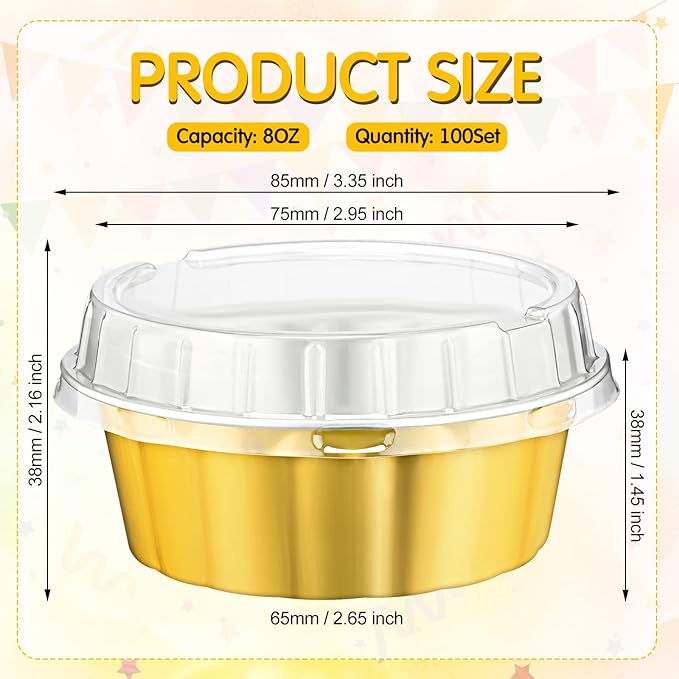 Tessco for you 100 Pcs Disposable Ramekins with Lids 8 oz Creme Brulee Ramekin Aluminum Foil Cup Cupcake Liner Baking Valentines Disposable Muffin Tin Pan Cheesecake Container (Yellow,Silver)