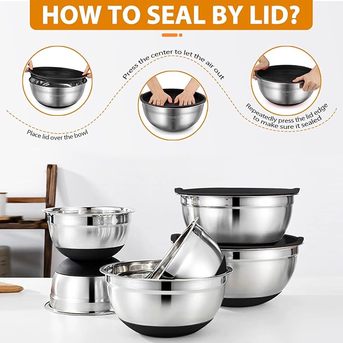CHAREADA Mixing Bowls with Airtight Lids, 18pcs Stainless Steel Nesting Colorful Mixing Bowls Set Non-slip Silicone Bottom, Size 4.5, 3.6, 2.7, 2.1, 1.7, 1.1, 0.7 qt, Fit for Mixing & Serving (Black)