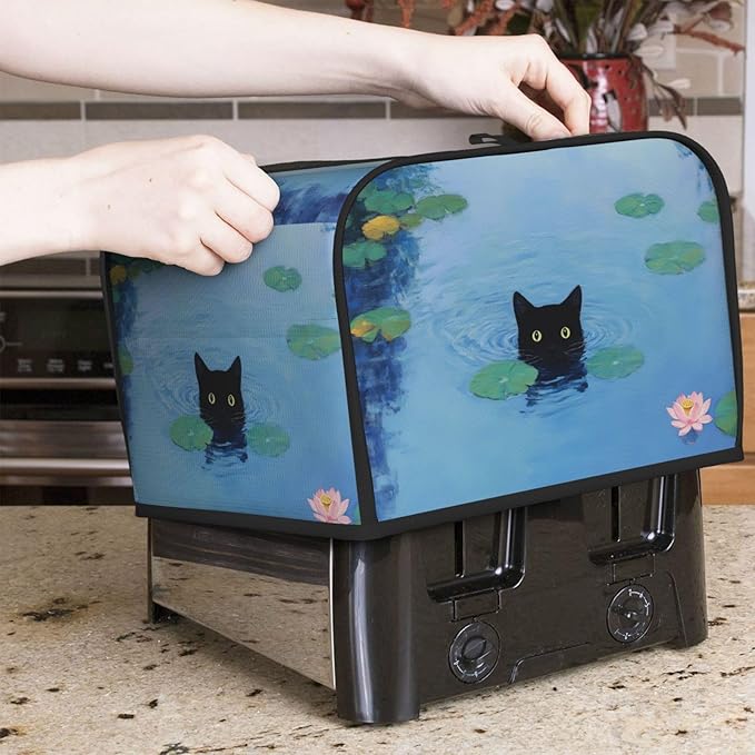 Black Cat Swimming Covers for Toasters 4 Slice,Cute Funny Bread Machine Cover with Handle,Washable Stain Resistant Kitchen Small Appliance Cover Dining Decor