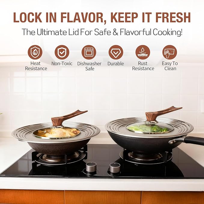 Najor Universal Lid for Pots, Pans and Skillets, Pot Lid With Wooden Standable Handle And Tempered Glass, Fits 8.25", 9", 10", 11", 12" Diameter Pots and Pans