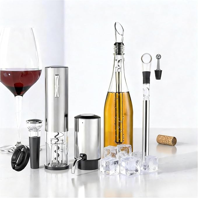 Rechargeable Electric Aeartor and Wine Opener Set with 3-in-1 Stainless Steel Bottle Cooler - Automatic Aerator, Automatic Corkscrew, Wine Chille, Vacuum Sealer, Foil Cutter, Valentine gift