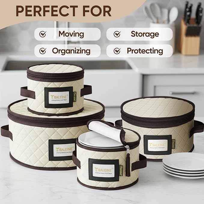 BALEINE China Storage Containers, Sturdy Quilted Wine Glass Storage, Plate Organizer with Carry Handles, Moving Boxes for Dishes, Cups, Mugs and Stemware (Plate Set, Soft Shell Cream)