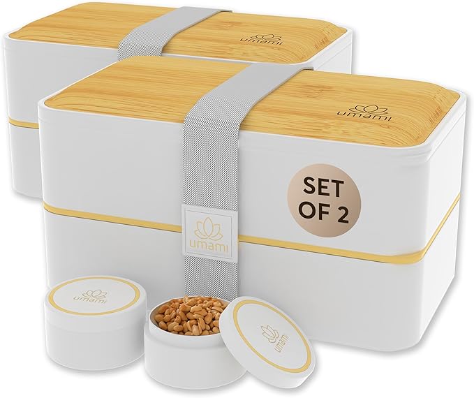 Umami Bento Box Adult All-In-1 w/ 4 Utensils 100% Leakproof, Microwave & Dishwasher Safe Lunch Containers for Adults w/Compartments, Bento Lunch Box Containers