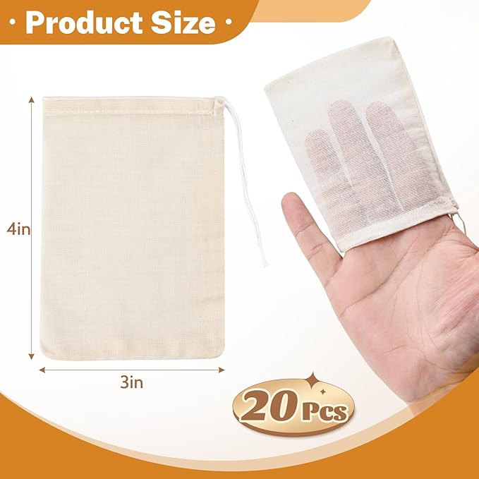 20 Pcs Muslin Bags with Drawstring, Reusable Tea Bags, Spice Bags for Cooking Soup/Herb/Loose Leaf Tea, Natural Cotton Small Cheese Cloth Bag for Straining, Sachet Bags Empty, 4 X 3 Inches