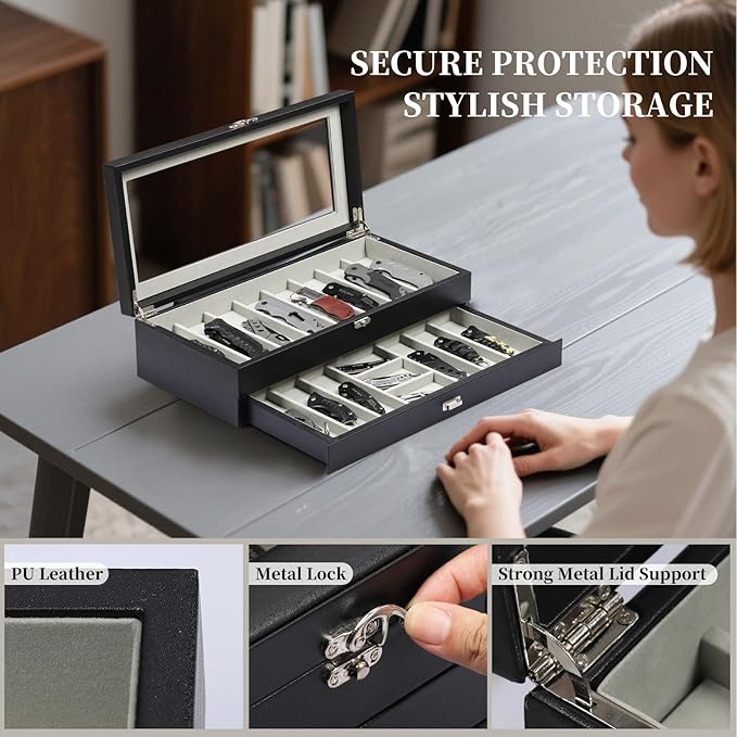 AUTOARK 2-Tier PU Leather & Velvet Knife Organizer with 17 Slots,Transparent Glass Top & Drawer,Compact Storage for Pocket Knives,Perfect for Men's Collections & Gifts,Black,MKAW015