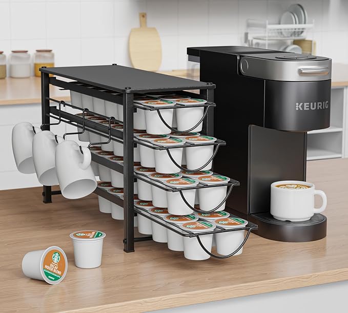 HFHOME Coffee Pod Organizer for Countertop, 4-Tier Metal Storage Drawer, Holds 56 Capsules, Coffee Station Holder for Kitchen, Office, or Home, 3 cup rack, Black