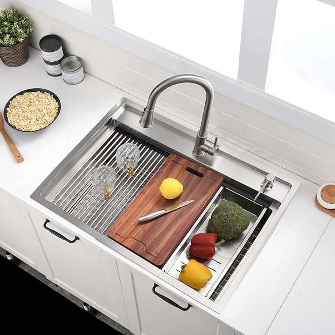30 Inch Drop In Kitchen Sink Splash Guard Workstation - VOKIM 30 Inch Drop In Sink Stainless Steel Single Bowl 16 Gauge 10'' Deep Handmade Kitchen Sink with Cutting Board& Strainer