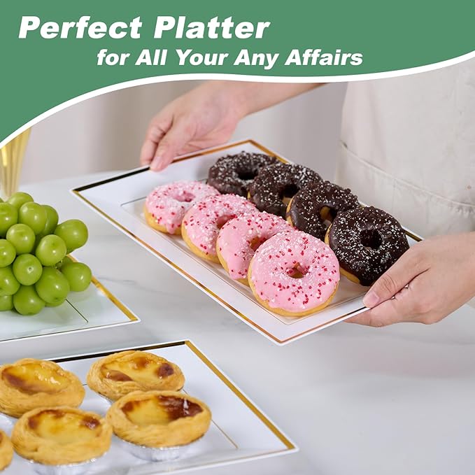 FOCUSLINE 8 PCS Plastic Serving Trays, White and Gold Rim Plastic Serving Platters, Disposable Tray for Food, Perfect for Wedding Parties