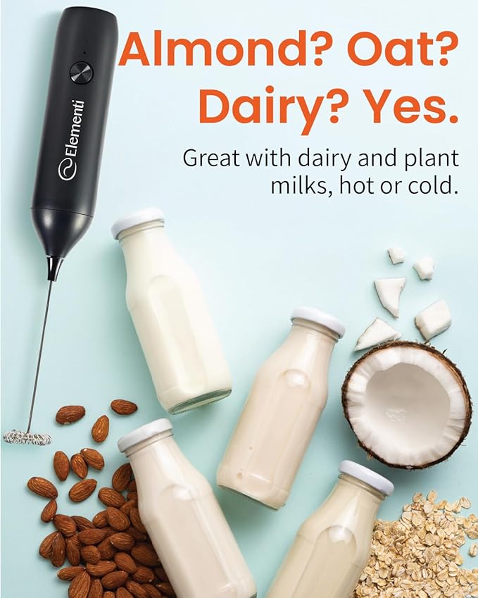 Elementi Milk Frother Wand Rechargeable Drink Mixer - Powerful USB-C Rechargeable Frother Handheld & Coffee Mixer Wand - Hand Held Milk Foamer to Make Perfect Cappuccinos, Lattes & Drink Mixes (Black)