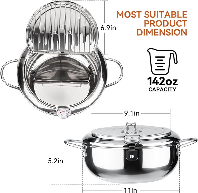 Kerilyn Deep Fryer Pot, 11 Inch/4.2 L Janpanese Style Tempura Frying Pot with Lid, 304 Stainless Steel with Temperature Control and Oil Drip Drainer Rack, for Kitchen French Fries, Chicken etc