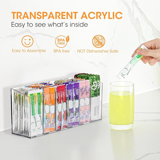 AIEVE Drink Packet Organizer, Mountable Water Packet Organization Holder with Adhesive & Magnetic Sticker, Pantry Organizers Kitchen Storage for Countertop Table Fridge Cabinet
