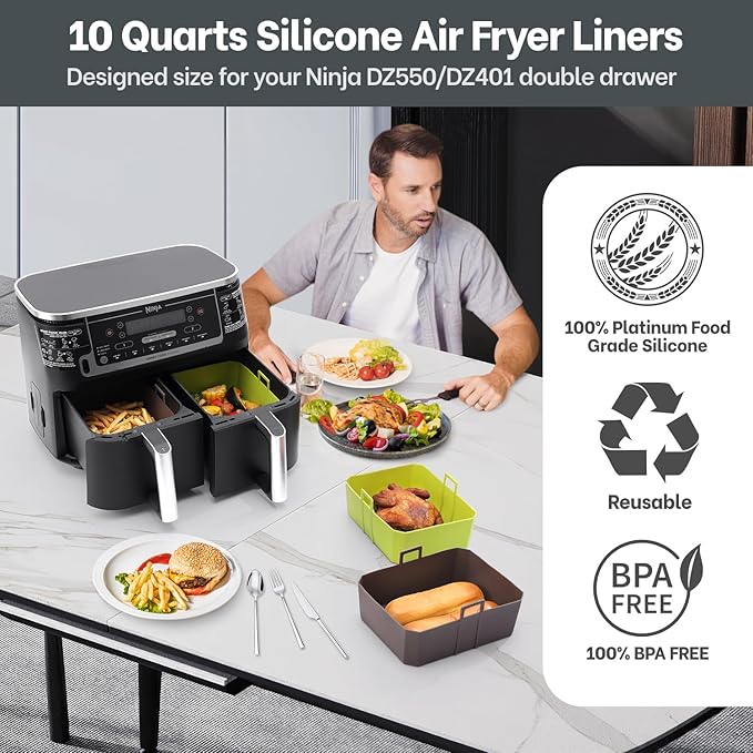 NEWITEE Silicone Air Fryer Liners 10QT For Ninja DZ550/DZ401, 2 Pack BPA Free Platinum Silicone Air Fryer Basket Liner with Handle, Rectangle Dual Basket Air Liners, Upgraded