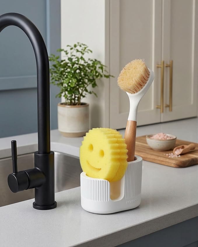 2-in-1 Diatomite Sponge Holder for Kitchen Sink, Quick-Drying Dish Sponge and Brush Holder, Dish Wand Holder, Diatomite Stone Sink Tray, Ultra Absorbent Sinks Caddy Organizer,White