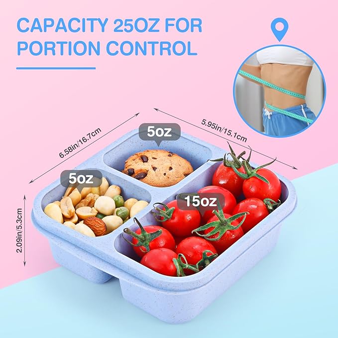 Rinwoc Bento Box [Portion Size], 3 Pack Snack Containers with 3 Compartments for Meal Prep & On-the-Go [School, Travel], Lunchable Container Reusable and BPA-Free