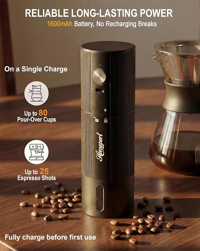 High-Speed Portable Electric Coffee Grinder with 1600mAh Rechargeable Battery, 7-Core Stainless Steel Burr Coffee Mill, 45 Precision Settings, Cordless Design & Compact Aluminum Body for Travel