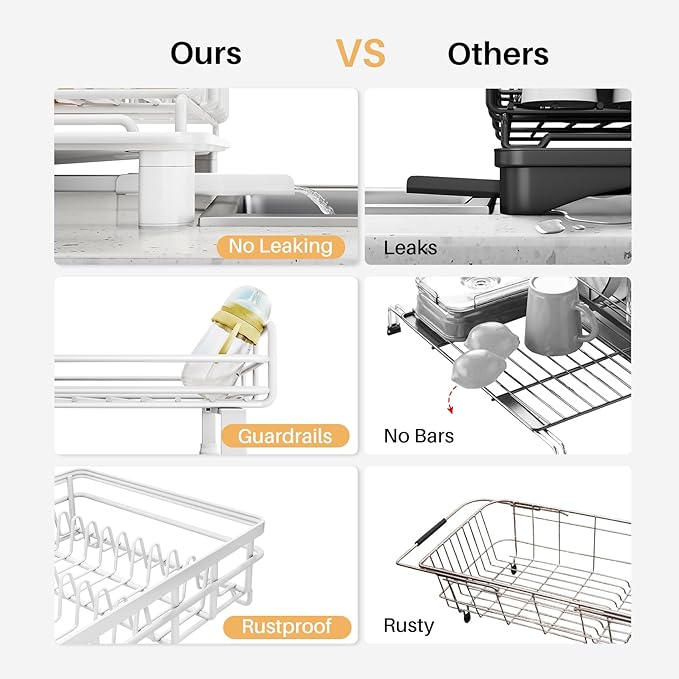 SNTD Dish Drying Rack - Extendable Dish Rack, Large Sink Drying Dish Drainer for Kitchen Counter, Stainless Steel Dish Strainer with Utensil Holder (White)