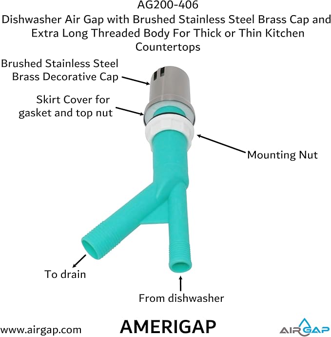 Dishwasher Air Gap with Skirted Brushed Stainless Steel Brass Cap and Extra Long Threaded Body for Thick or Thin Kitchen Countertops (AG200-406, AG200-X06, AMERIGAP)