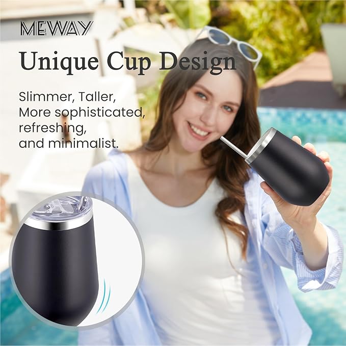 MEWAY 12oz/4 Pack Wine Tumbler Glasses with Lid - Stemless Double Wall Vacuum Stainless Steel Tumblers Keeping Cold & Hot for Wine - Family and Gifts, Ideal for Travel and Office(Black,Set of 4)